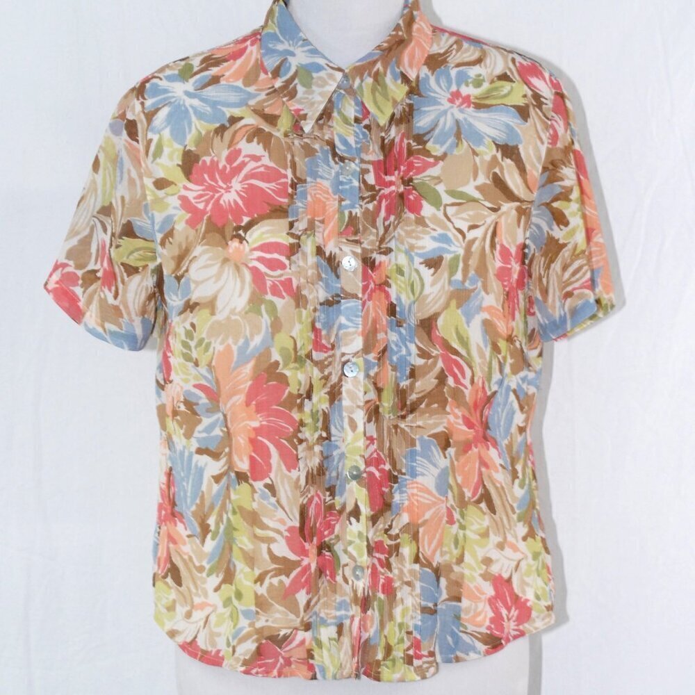 Beach Shirt Blouse Floral Top with Shoulder Pads Alfred Dunner 8P Petite Womens